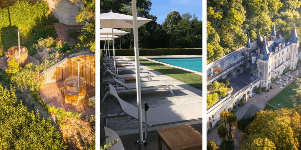 Piscina y jardines del Château de Perreux Amboise en el Valle del Loira Francia