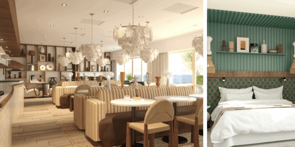 Recepción del Hôtel Les Brises boutique hotel en La Rochelle Interior del Hôtel Les Brises con diseño cálido y materiales naturales en La Rochelle