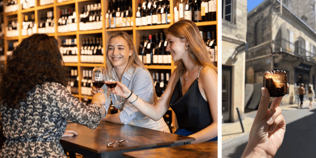 Personas brindando con vino en un bar de Bordeaux,reflejo de la cultura gastronómica y vinícula de la ciudad