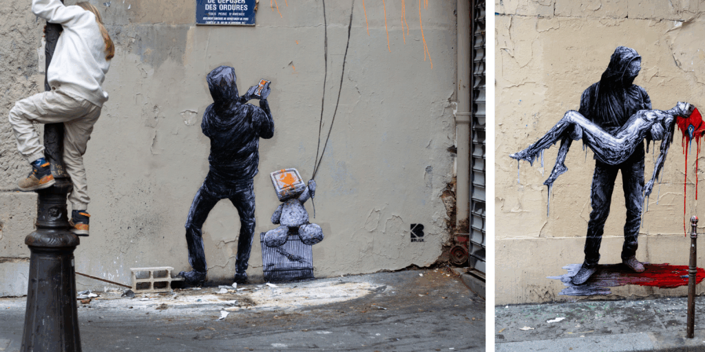 Mural de street art del artista Brusk en una pared de París con figura urbana pintando un símboloObra de street art de Brusk en París con una figura oscura sosteniendo a otra persona en brazos