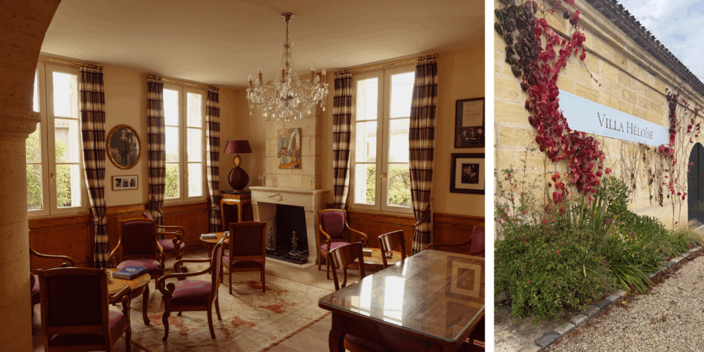 Salón con chimenea y lámpara clásica en Villa Héloïse en Puisseguin Entrada de Villa Héloïse rodeada de vegetación en el viñedo de Château Clarisse