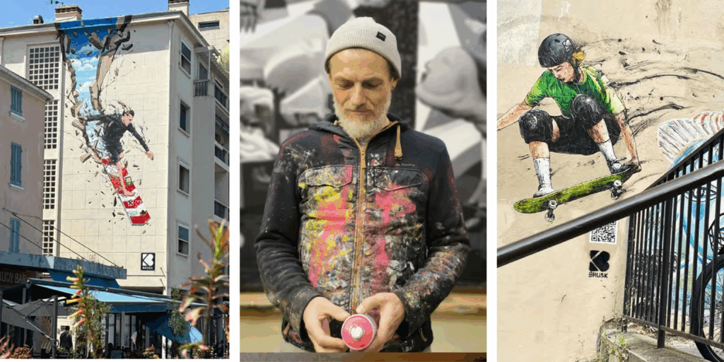 Mural de street art de Brusk representando a un skater en movimiento en una pared urbana de ParísRetrato del artista de street art Brusk, Cédric Kozluk, con ropa manchada de pintura sosteniendo un spray