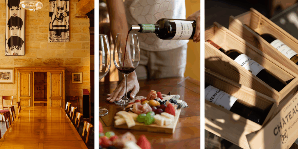 Sala de madera de Villa Héloïse con mesa larga para encuentros y degustaciones Degustación de vino de Château Clarisse servida junto a una tabla de productos locales Botellas de vino de Château Clarisse en una caja de madera en la bodega