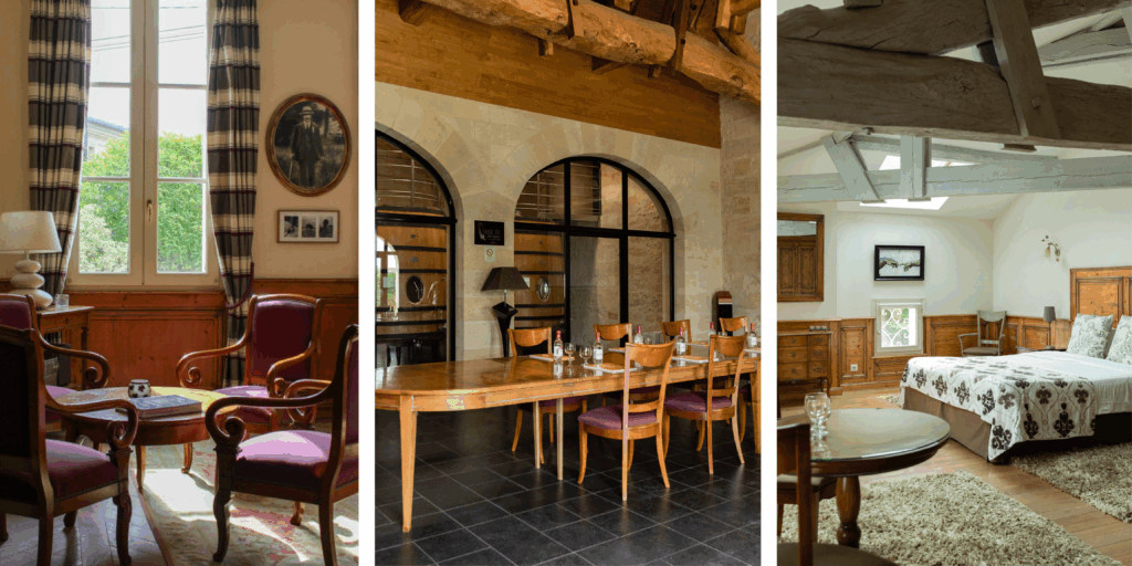 Salón interior de la Villa Héloïse con mobiliario clásico y grandes ventanales en Puisseguin Comedor de la Villa Héloïse en Château Clarisse con mesa larga y arquitectura tradicional bordelesa Habitación de la Villa Héloïse con vigas de madera y decoración elegante en el viñedo de Puisseguin Salón interior de la Villa Héloïse con mobiliario clásico y grandes ventanales en Puisseguin Comedor de la Villa Héloïse en Château Clarisse con mesa larga y arquitectura tradicional bordelesa Habitación de la Villa Héloïse con vigas de madera y decoración elegante en el viñedo de Puisseguin